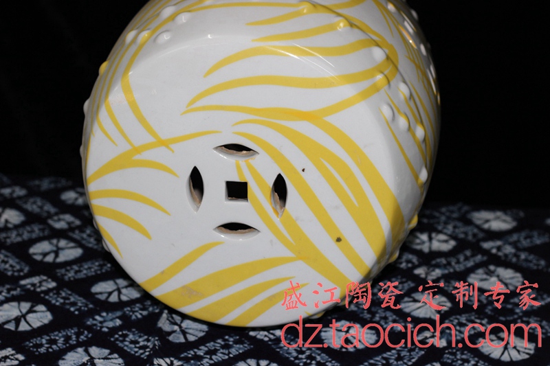 定制定做陶瓷 黄色水草条纹 白色凉墩瓷凳陶瓷凳子-景德镇盛江陶瓷