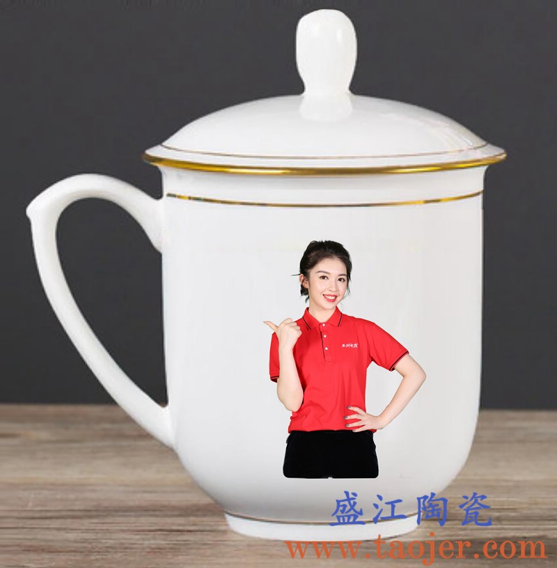 盛江陶瓷为亚洲电缆-珠江电缆公司定制陶瓷会议杯，杯正面是形象大使，杯子容量为420ml