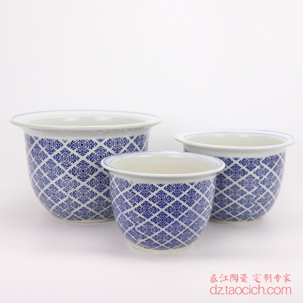 上图：盛江陶瓷定制手工青花贴花三件套圆形花盆园艺多肉种植花盆 购买请点击图片