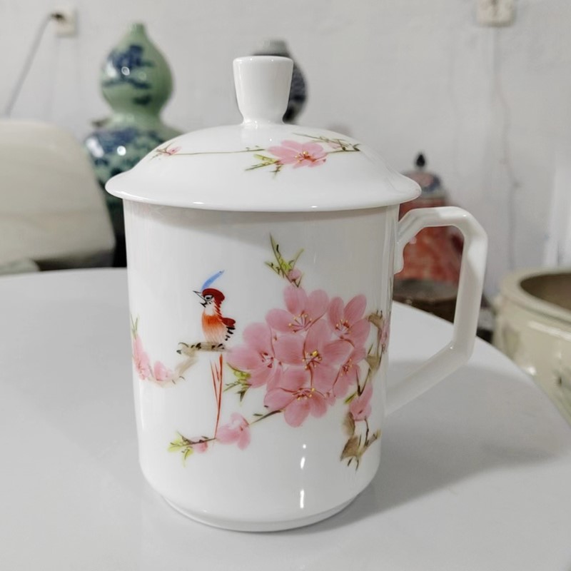 手绘水点桃花花鸟杯子